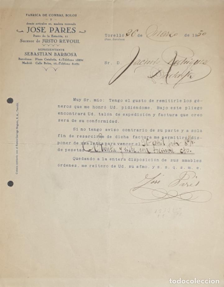 Gesch&auml;ftsbriefe: Carta comercial. Jos&eacute; Pares. F&aacute;brica de combas y bolos. Torrell&oacute;. Barcelona. Espa&ntilde;a 1950