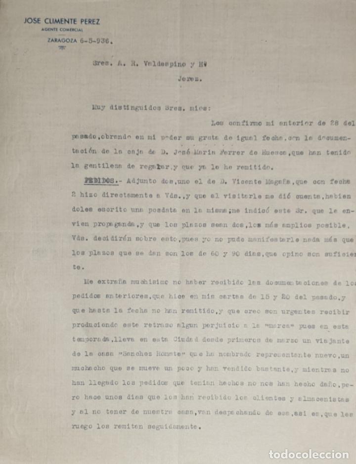 Gesch&auml;ftsbriefe: Carta comercial. Jos&eacute; Climente P&eacute;rez. Agente Comercial. Zaragoza. Espa&ntilde;a 1936