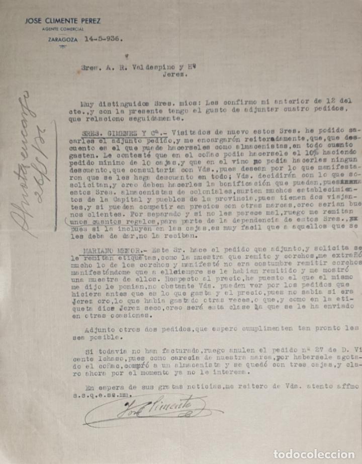 Gesch&auml;ftsbriefe: Carta comercial. Jos&eacute; Climente P&eacute;rez. Agente Comercial. Zaragoza. Espa&ntilde;a 1936