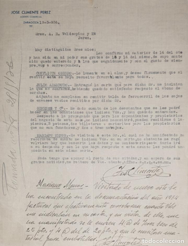 Gesch&auml;ftsbriefe: Carta comercial. Jos&eacute; Climente P&eacute;rez. Agente Comercial. Zaragoza. Espa&ntilde;a 1936