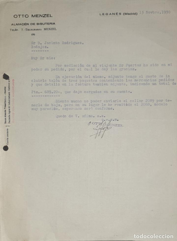 Commercial Letters: Carta comercial. Otto Menzel. Almac&eacute;n de Bisuter&iacute;a. Legan&eacute;s. Madrid. Espa&ntilde;a 1930