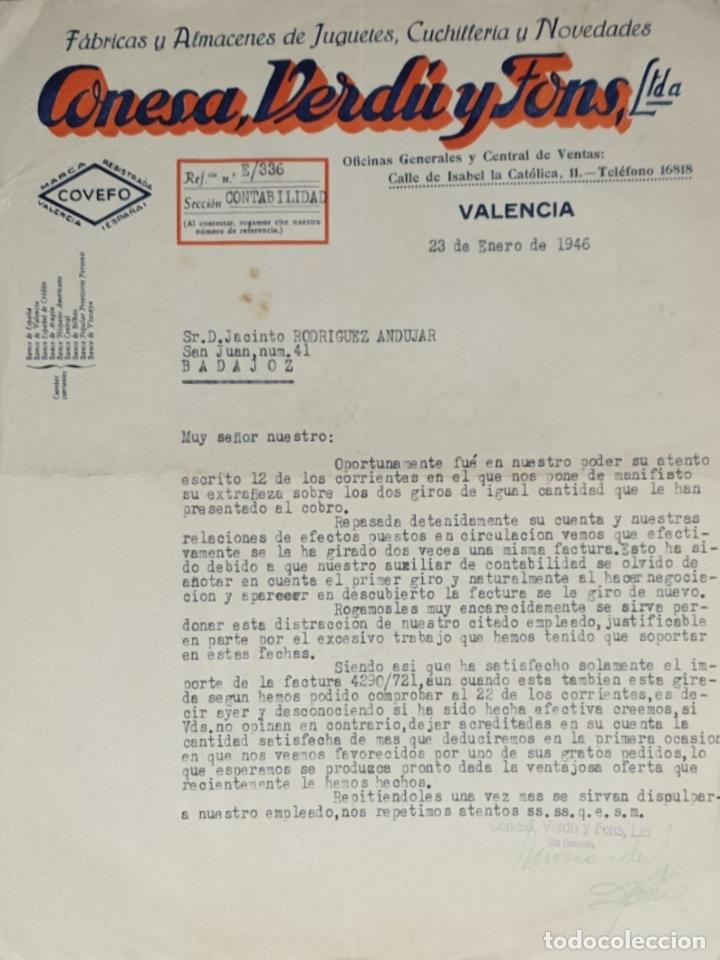 Commercial Letters: Carta comercial. Conesa, Verd&uacute; y Fons Ltda. F&aacute;brica y Almacenes de juguetes. Valencia 1946