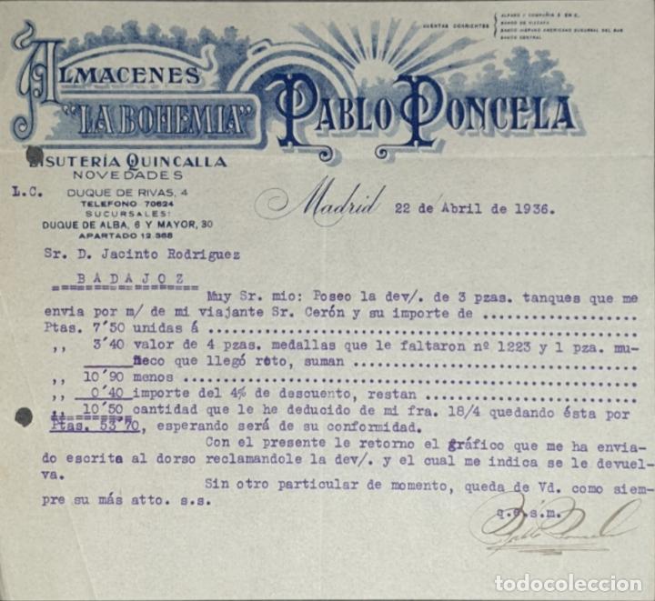 Commercial Letters: Carta comercial. Pablo Poncela. La Bohemia. Bisuter&iacute;a-Quincalla. Madrid 1936