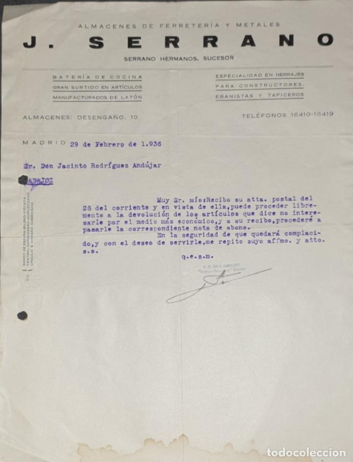 Commercial Letters: Carta comercial. J. Serrano. Almacenes de Ferreter&iacute;a y Metales. Madrid 1936