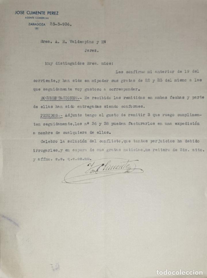 Commercial Letters: Carta comercial. Jos&eacute; Climente P&eacute;rez. Agente Comercial. Zaragoza. Espa&ntilde;a 1936