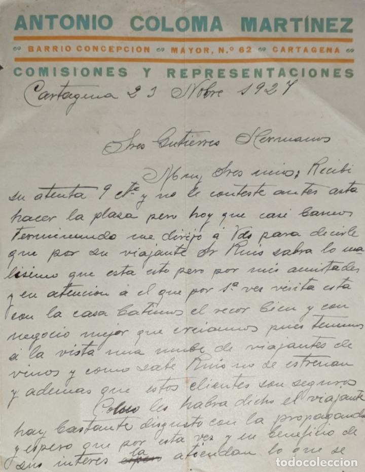Commercial Letters: Carta comercial. Antonio Coloma Mart&iacute;nez. Comisiones y Representaciones. Cartagena. Espa&ntilde;a 1927