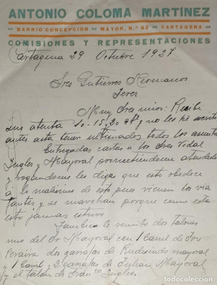 Commercial Letters: Carta comercial. Antonio Coloma Mart&iacute;nez. Comisiones y Representaciones. Cartagena. Espa&ntilde;a 1927