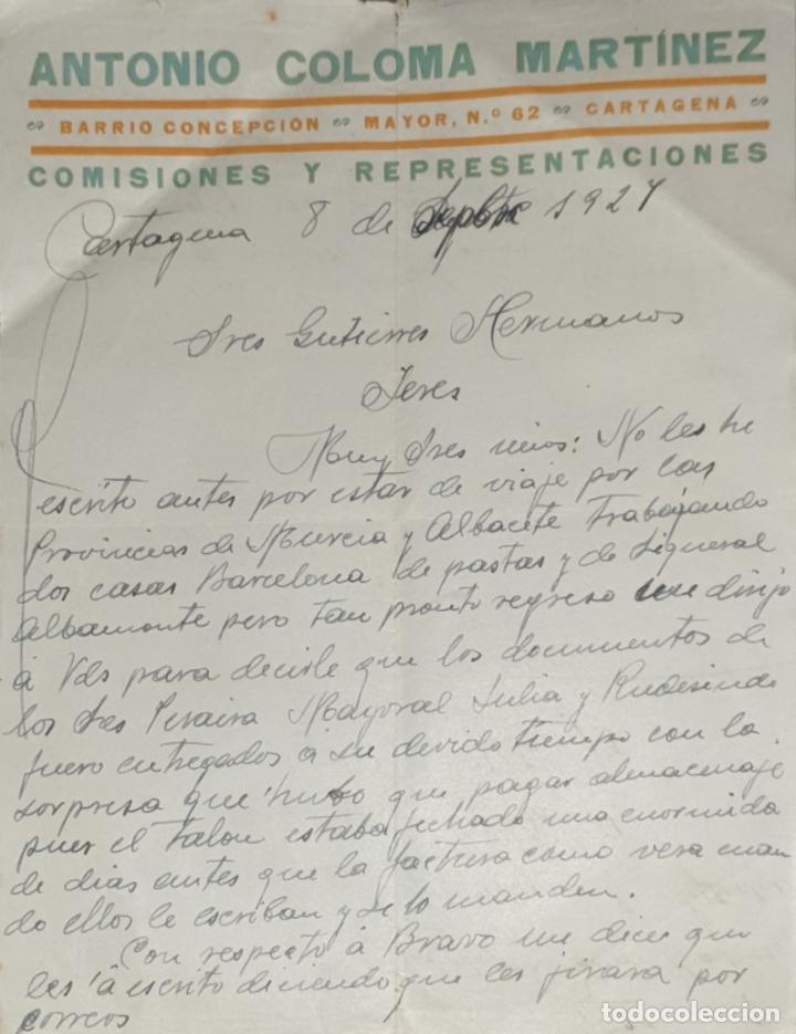 Commercial Letters: Carta comercial. Antonio Coloma Mart&iacute;nez. Comisiones y Representaciones. Cartagena. Espa&ntilde;a 1927