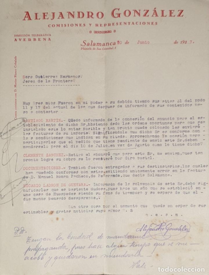 Commercial Letters: Carta comercial. Alejandro Gonz&aacute;lez. Comisiones y Representaciones. Salamanca. Espa&ntilde;a 1927