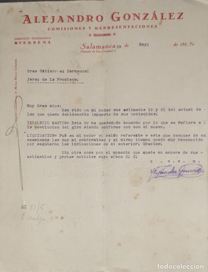 Commercial Letters: Carta comercial. Alejandro Gonz&aacute;lez. Comisiones y Representaciones. Salamanca. Espa&ntilde;a 1927
