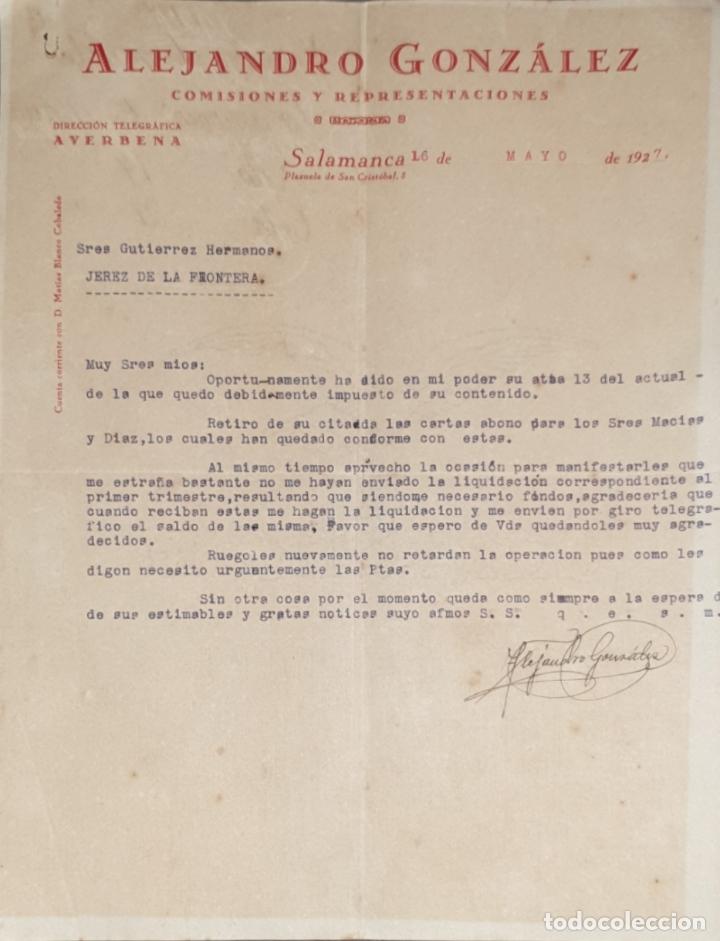 Commercial Letters: Carta comercial. Alejandro Gonz&aacute;lez. Comisiones y Representaciones. Salamanca. Espa&ntilde;a 1927
