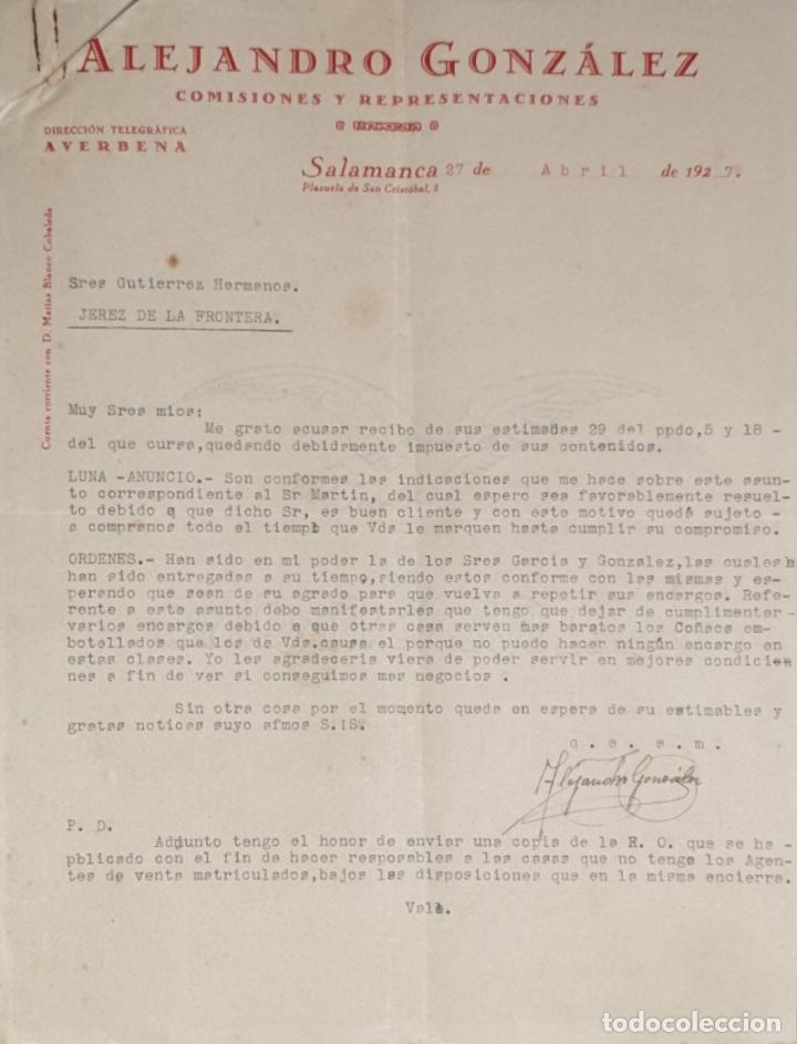 Commercial Letters: Carta comercial. Alejandro Gonz&aacute;lez. Comisiones y Representaciones. Salamanca. Espa&ntilde;a 1927