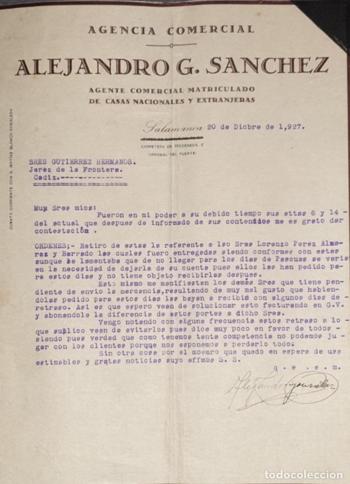 Commercial Letters: Carta comercial. Alejandro G. Sanchez. Agente comercial matriculado. Salamanca. Espa&ntilde;a 1927