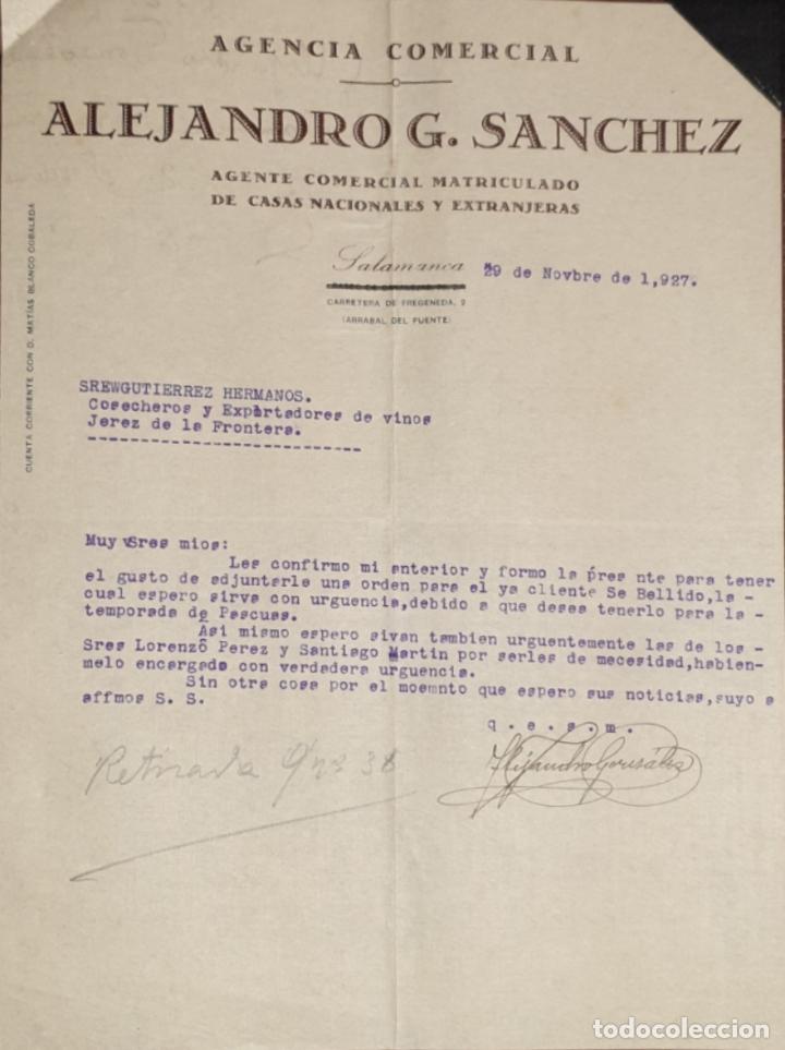 Commercial Letters: Carta comercial. Alejandro G. Sanchez. Agente comercial matriculado. Salamanca. Espa&ntilde;a 1927