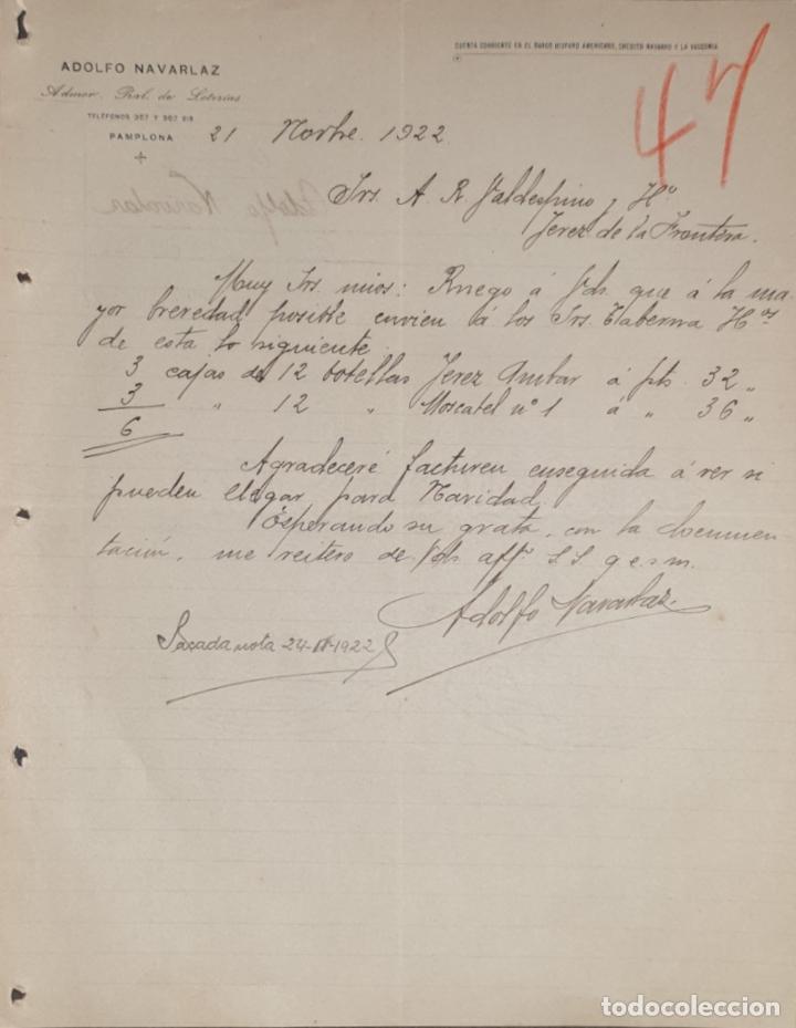Commercial Letters: Carta comercial. Adolfo Navarlaz. Admor. Pral. de Loter&iacute;as. Pamplona. Espa&ntilde;a 1922