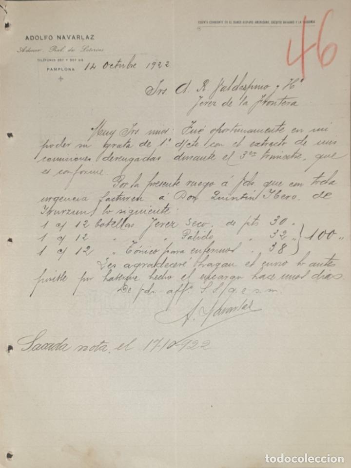 Commercial Letters: Carta comercial. Adolfo Navarlaz. Admor. Pral. de Loter&iacute;as. Pamplona. Espa&ntilde;a 1922