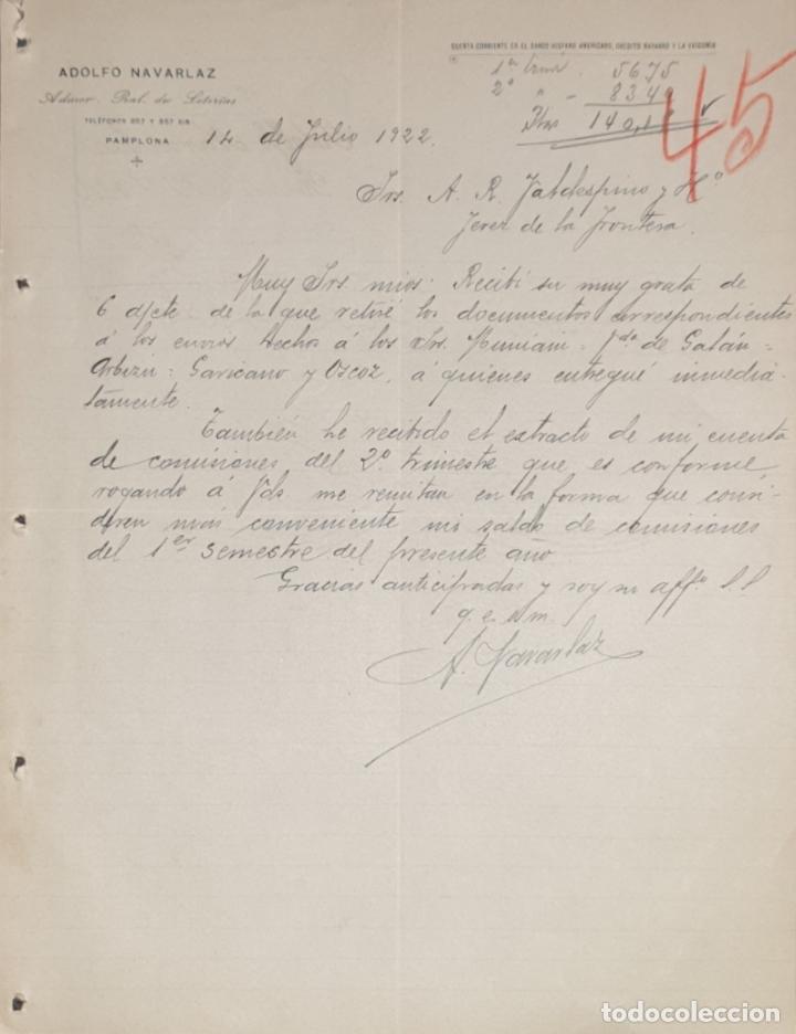 Commercial Letters: Carta comercial. Adolfo Navarlaz. Admor. Pral. de Loter&iacute;as. Pamplona. Espa&ntilde;a 1922