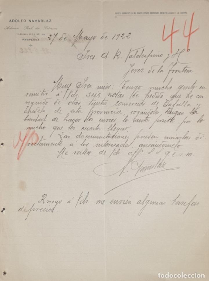 Commercial Letters: Carta comercial. Adolfo Navarlaz. Admor. Pral. de Loter&iacute;as. Pamplona. Espa&ntilde;a 1922