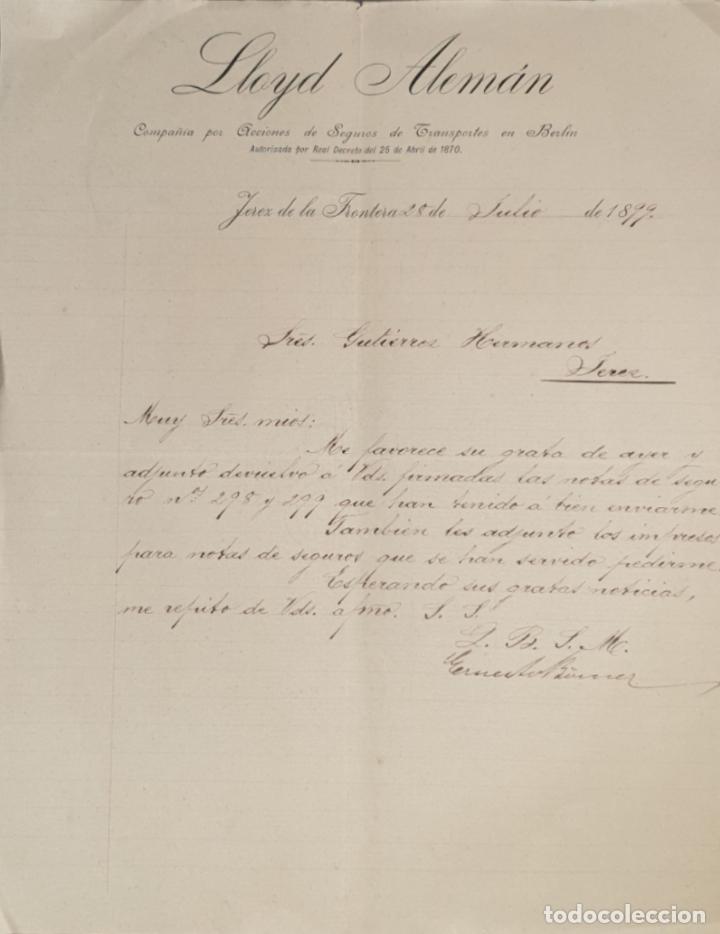 Commercial Letters: Carta comercial. Lloyd Alem&aacute;n. Compa&ntilde;&iacute;a acciones Seguros Transportes en Berl&iacute;n. Jerez. Espa&ntilde;a 1899