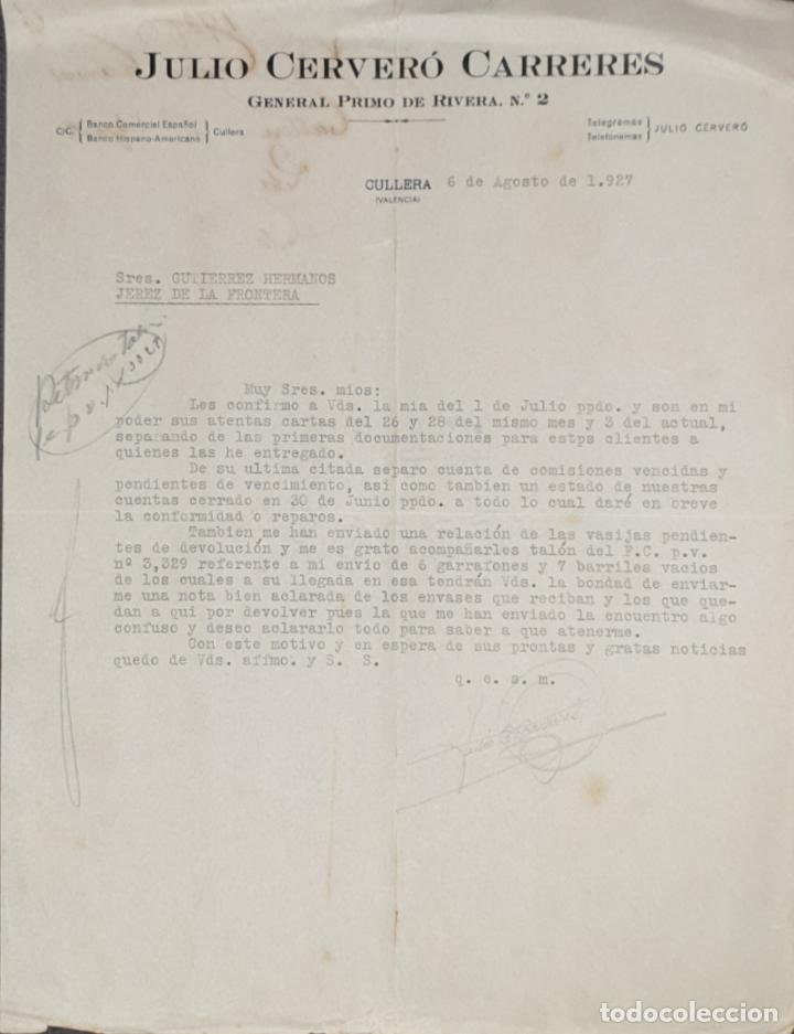 Commercial Letters: Carta comercial. Julio Cerver&oacute; Carreres. Comisiones-Representaciones. Valencia. Espa&ntilde;a 1927