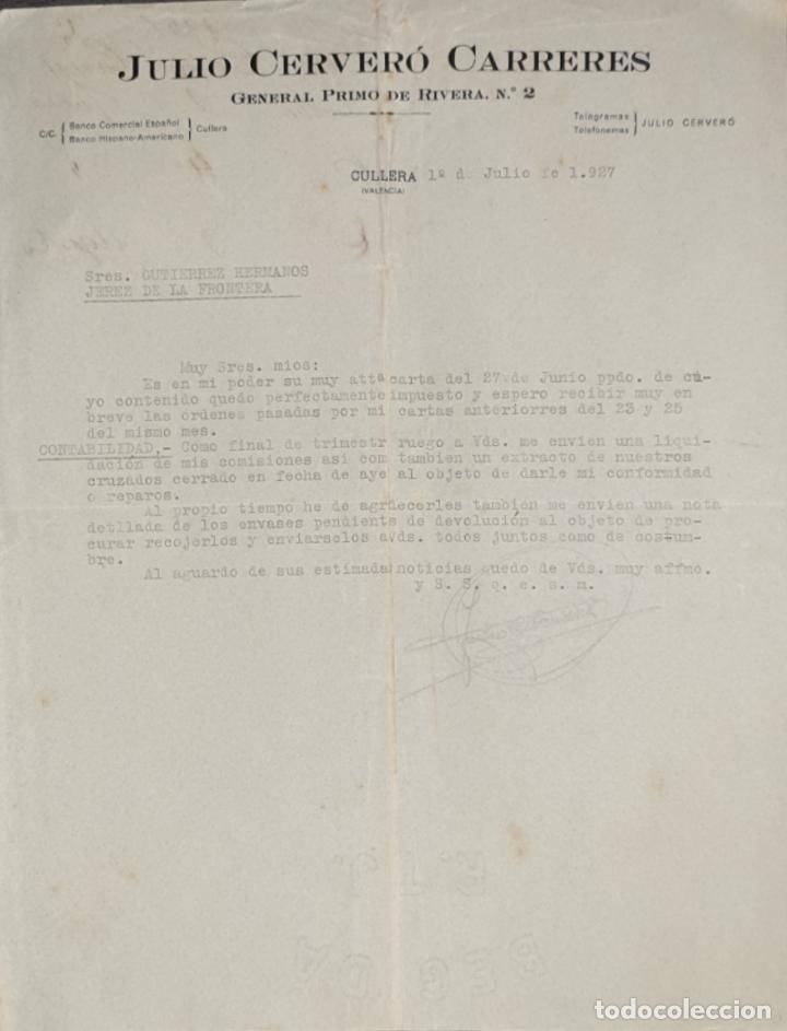 Commercial Letters: Carta comercial. Julio Cerver&oacute; Carreres. Comisiones-Representaciones. Valencia. Espa&ntilde;a 1927
