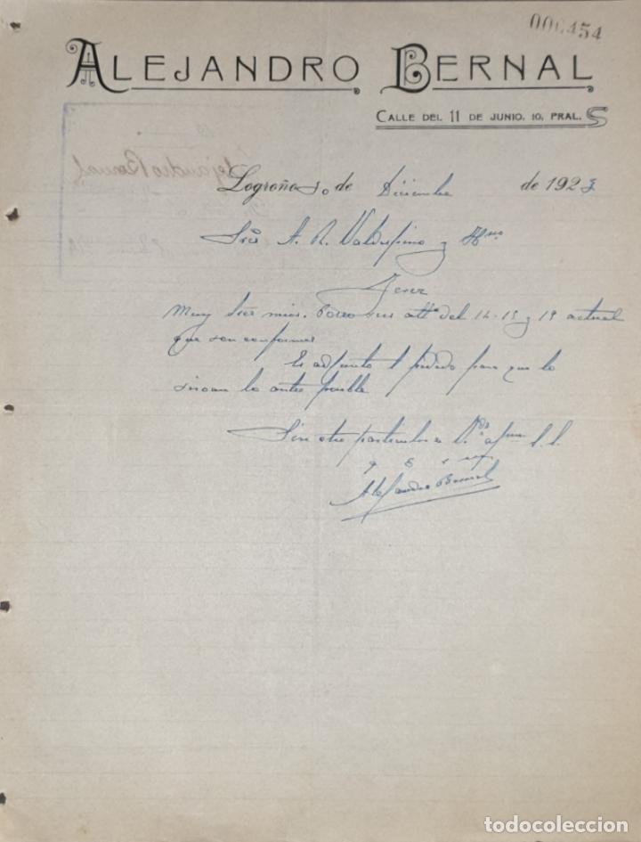 Commercial Letters: Carta comercial. Alejandro Bernal. Representante. Logro&ntilde;o. Espa&ntilde;a 1923