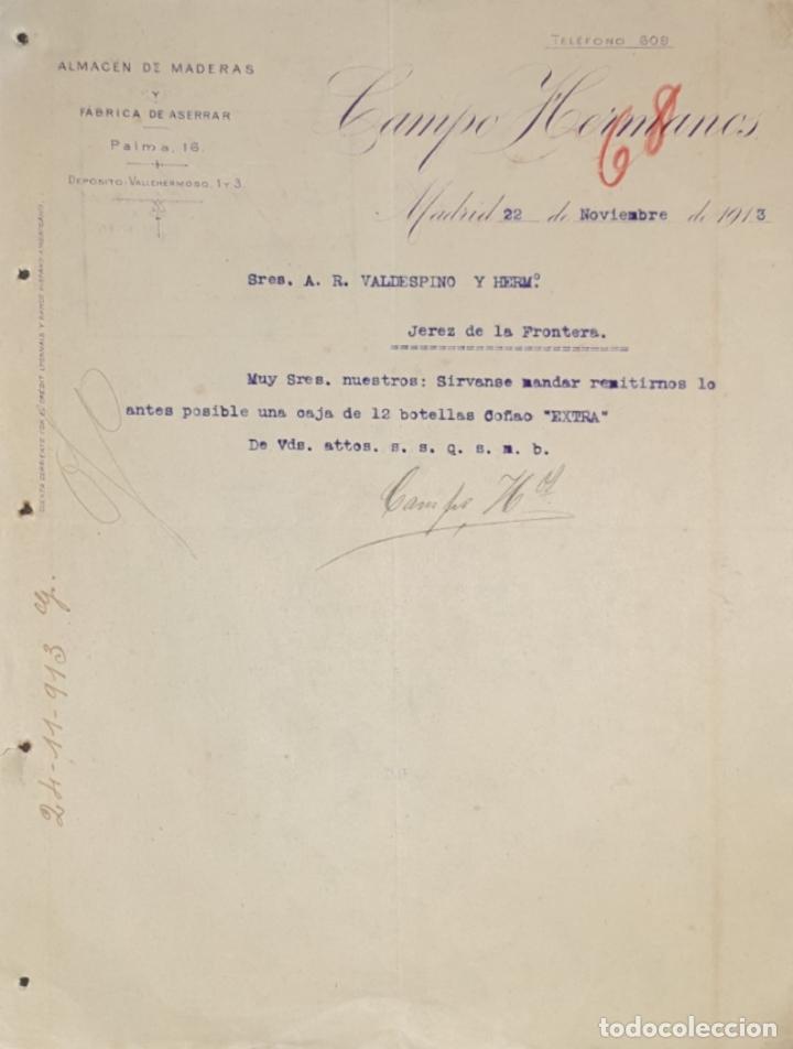 Commercial Letters: Carta comercial. Campo Hermanos. Almac&eacute;n de maderas y F&aacute;brica de aserrar. Madrid. Espa&ntilde;a 1913