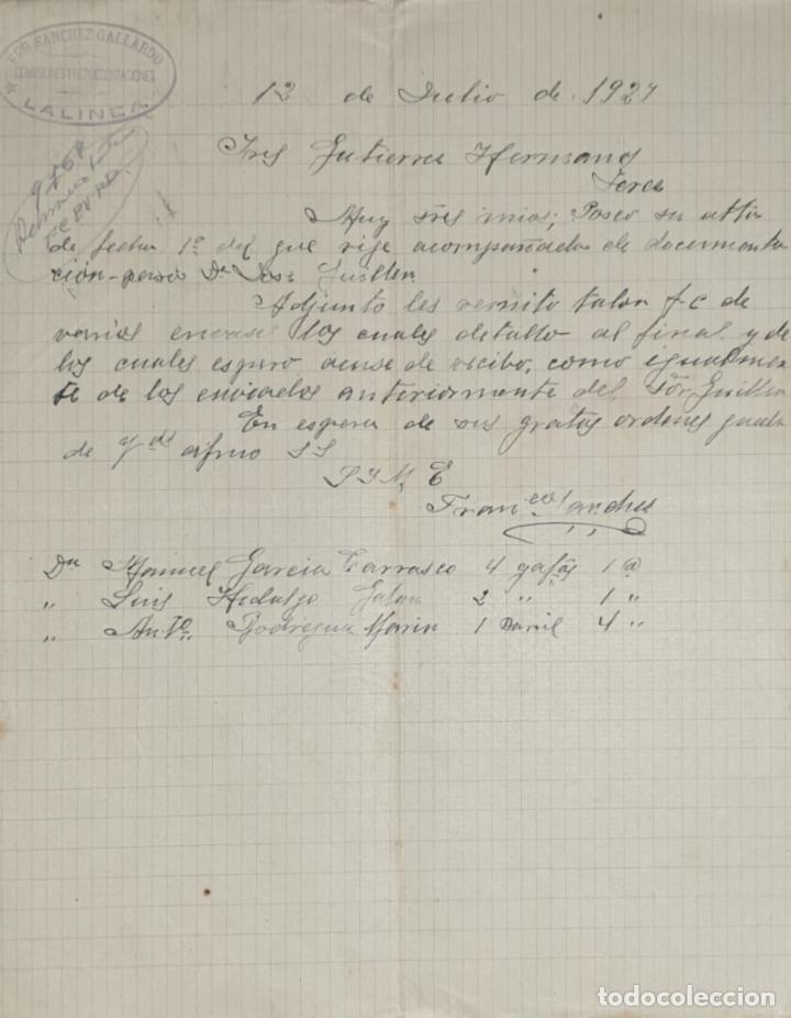 Commercial Letters: Carta comercial. Franc&iacute;sco S&aacute;nchez Gallardo. Comisiones y Representaciones. La l&iacute;nea. Espa&ntilde;a 1927
