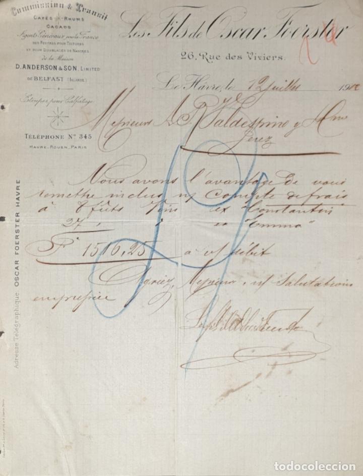 Commercial Letters: Carta comercial. Les Fils de Oscar Foerster. Commission & Transit. Le Havre. Francia 1902