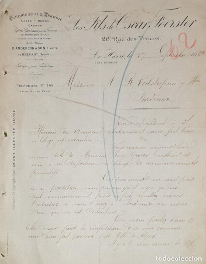 Commercial Letters: Carta comercial. Les Fils de Oscar Foerster. Commission & Transit. Le Havre. Francia 1902