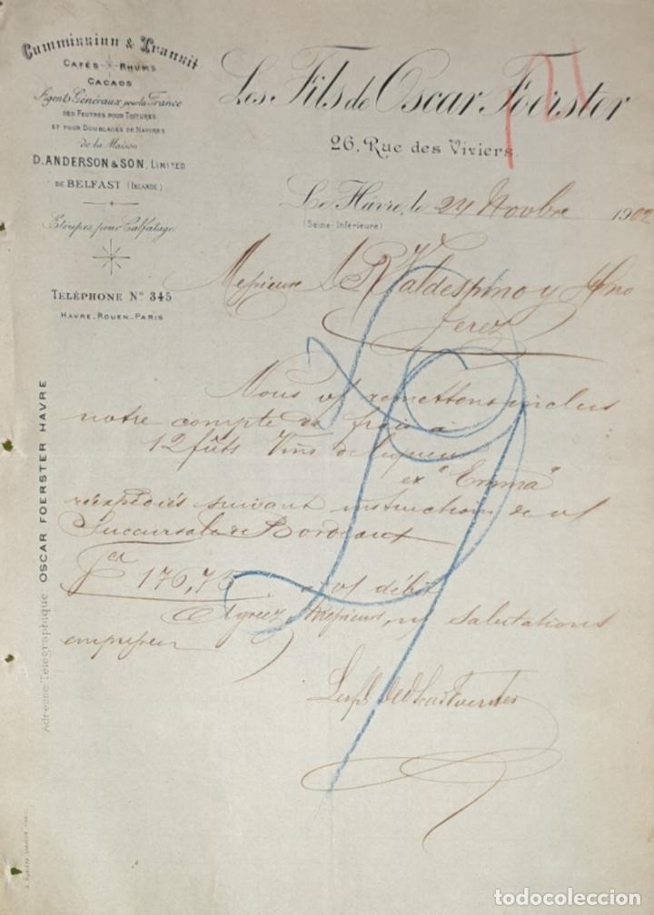 Commercial Letters: Carta comercial. Les Fils de Oscar Foerster. Commission & Transit. Le Havre. Francia 1902