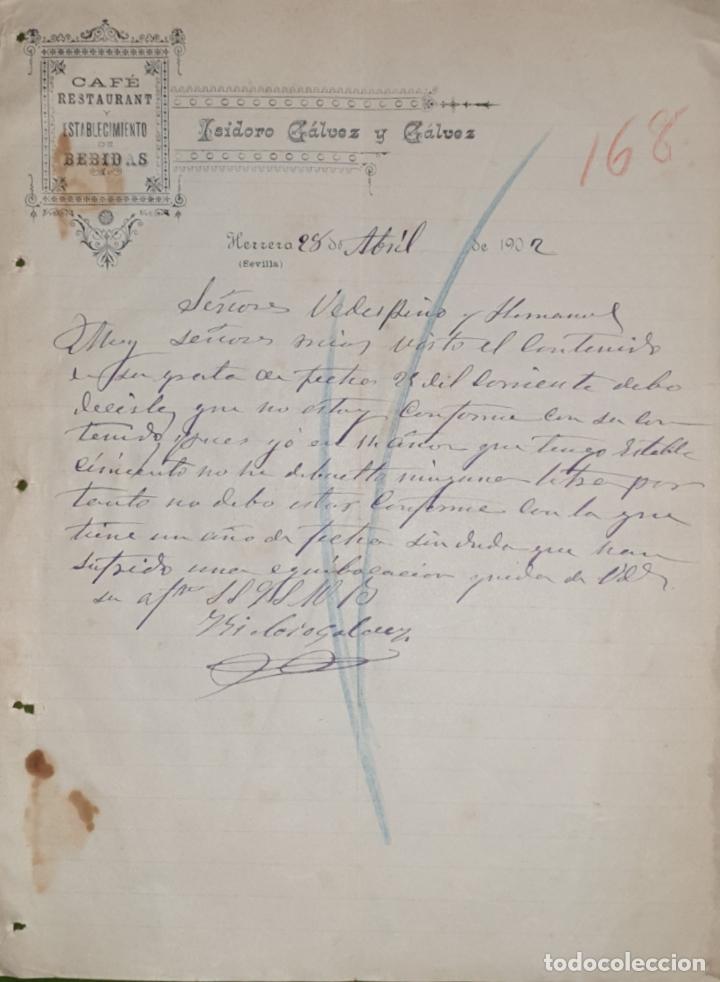 Commercial Letters: Carta comercial. Isidoro G&aacute;lvez y G&aacute;lvez. Caf&eacute;, Restaurante y bebidas. Sevilla. Espa&ntilde;a 1902