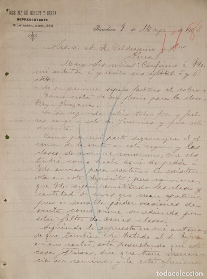 Commercial Letters: Carta comercial. Jos&eacute; M&ordm; de Gibert y Serra. Representante. Barcelona. Espa&ntilde;a 1902