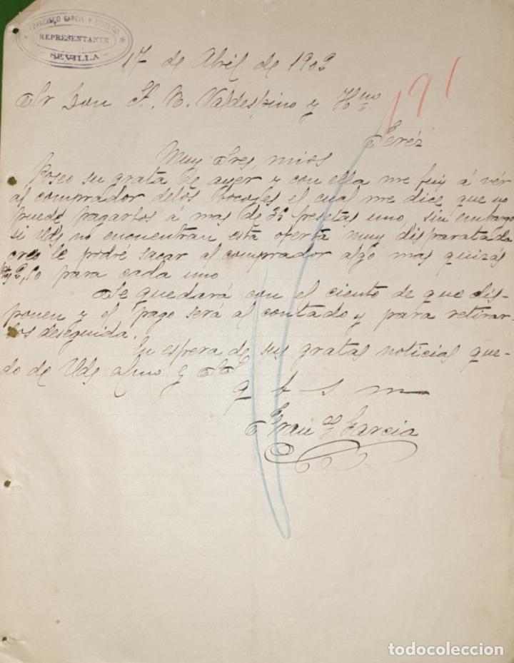 Commercial Letters: Carta comercial. Francisco Garc&iacute;a y Brise&ntilde;o. Agente de Sociedad Exportadora de vinos. Sevilla 1902