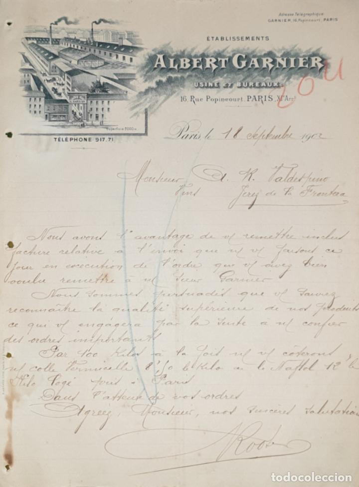 Commercial Letters: Carta comercial. Albert Garnier. &Eacute;tablissements. Par&iacute;s. Francia 1902
