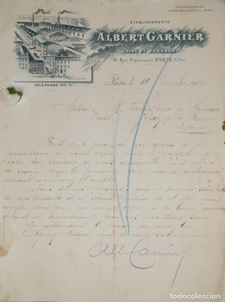Commercial Letters: Carta comercial. Albert Garnier. &Eacute;tablissements. Par&iacute;s. Francia 1902