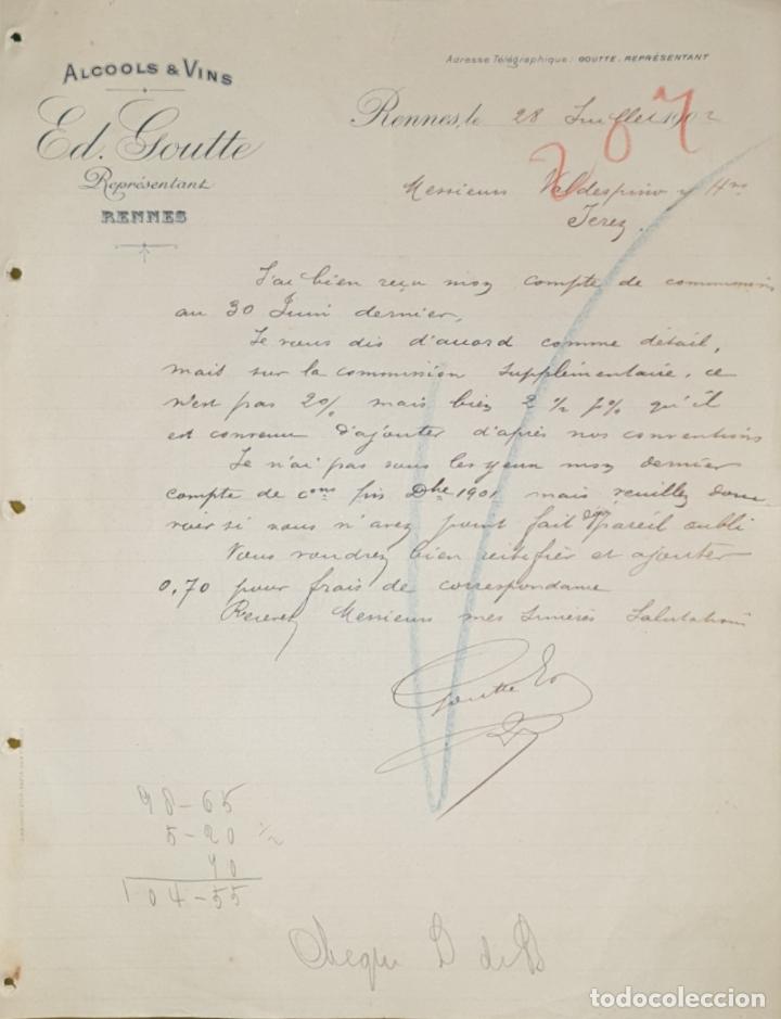 Commercial Letters: Carta comercial. Ed. Goutte. Alcools & Vins. Rennes. Francia 1902
