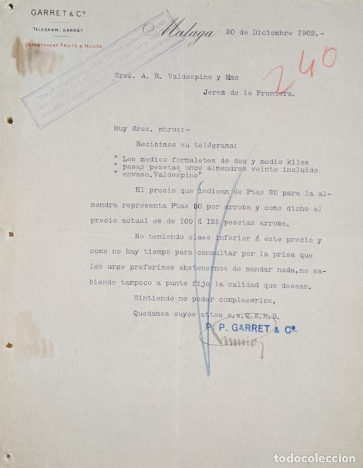 Commercial Letters: Carta comercial. Garret & C&ordm;. M&aacute;laga. Espa&ntilde;a 1902