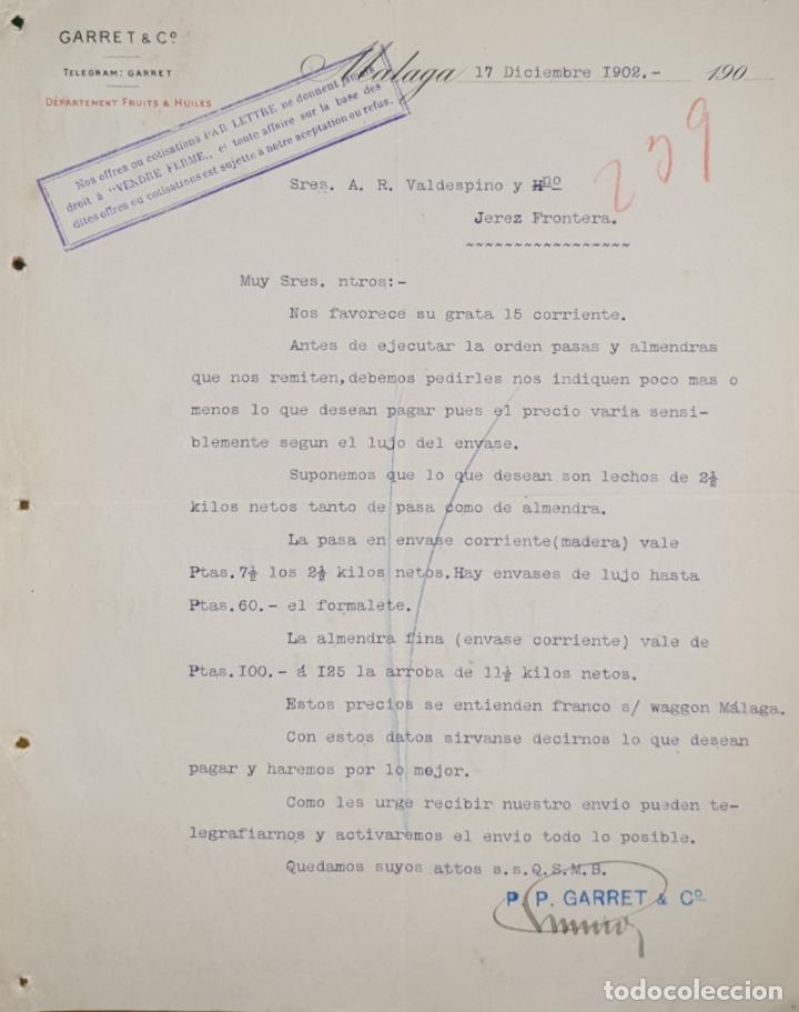 Commercial Letters: Carta comercial. Garret & C&ordm;. M&aacute;laga. Espa&ntilde;a 1902