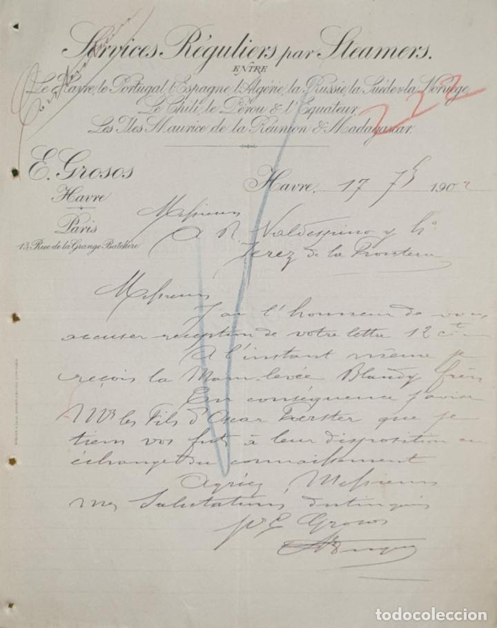 Commercial Letters: Carta comercial. Services R&eacute;guliers par Steamers. Havre. Francia 1902
