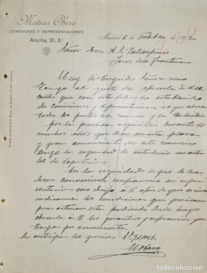 Commercial Letters: Carta comercial. Matias Obeso. Comisiones y Representaciones. Madrid. Espa&ntilde;a 1902
