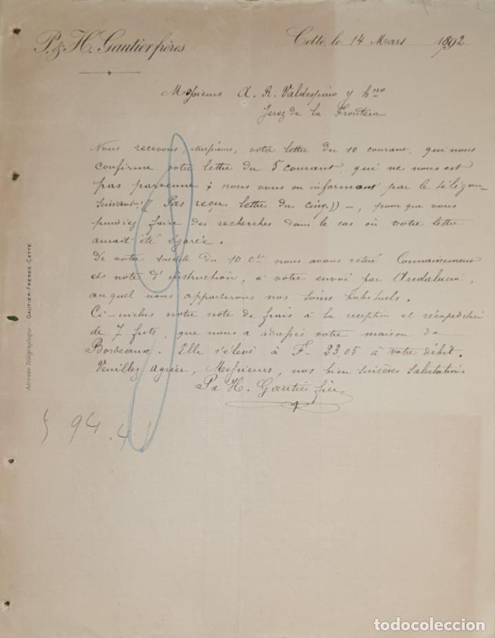 Commercial Letters: Carta comercial. P. & H. Gautierfr&eacute;res. Cette. Francia 1892