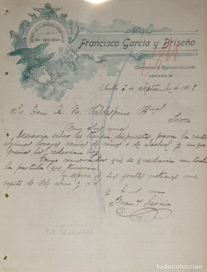 Commercial Letters: Carta comercial. Francisco Garc&iacute;a y Brise&ntilde;o. Agente de Sociedad Exportadora de vinos. Sevilla 1902