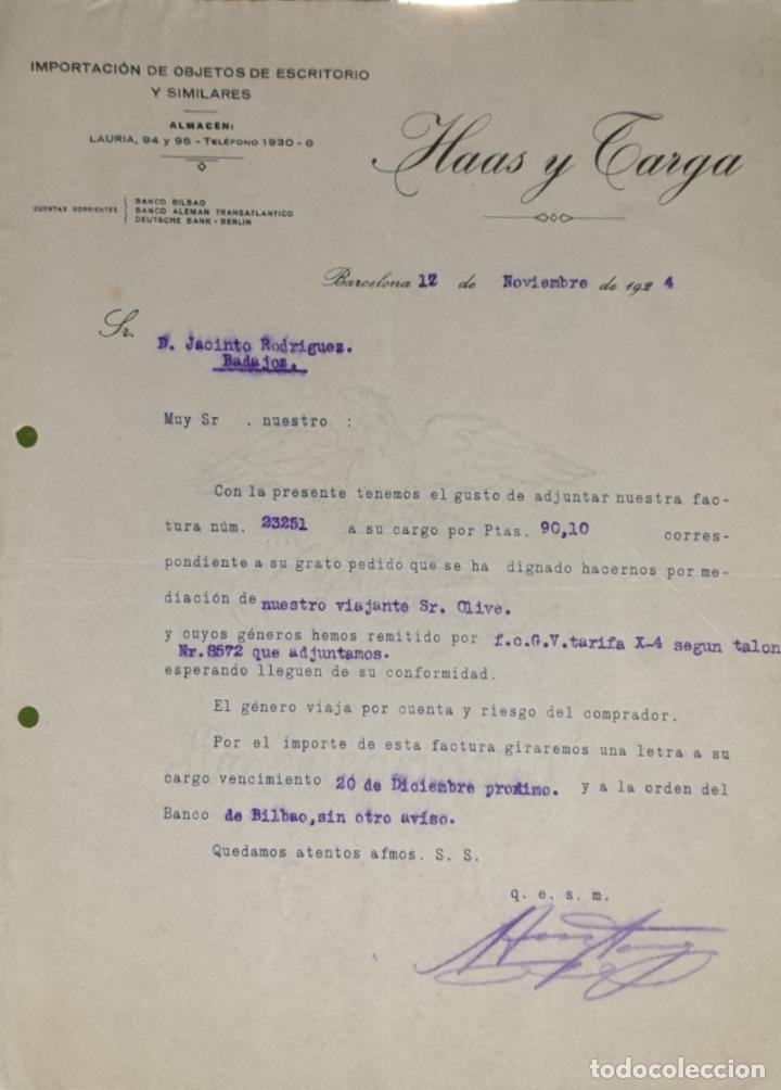 Commercial Letters: Carta comercial. Haas y Targa. Importaci&oacute;n objetos de escritorio y similares. Barcelona. Espa&ntilde;a 1924