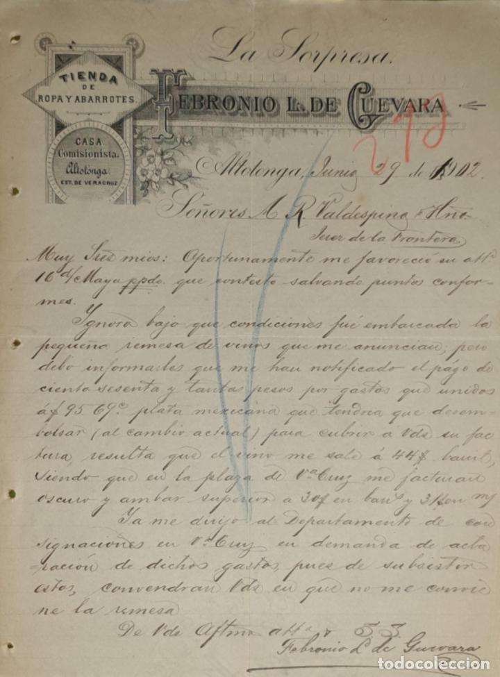 Commercial Letters: Carta comercial. Febronio L. De Guevara. La Sorpresa. Tienda Abarrotes. Altotonga. Mexico 1902