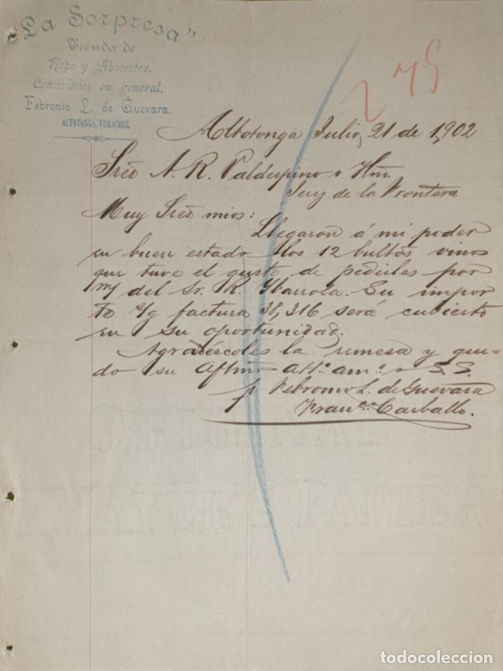 Commercial Letters: Carta comercial. Febronio L. De Guevara. La Sorpresa. Tienda Abarrotes. Altotonga. Mexico 1902