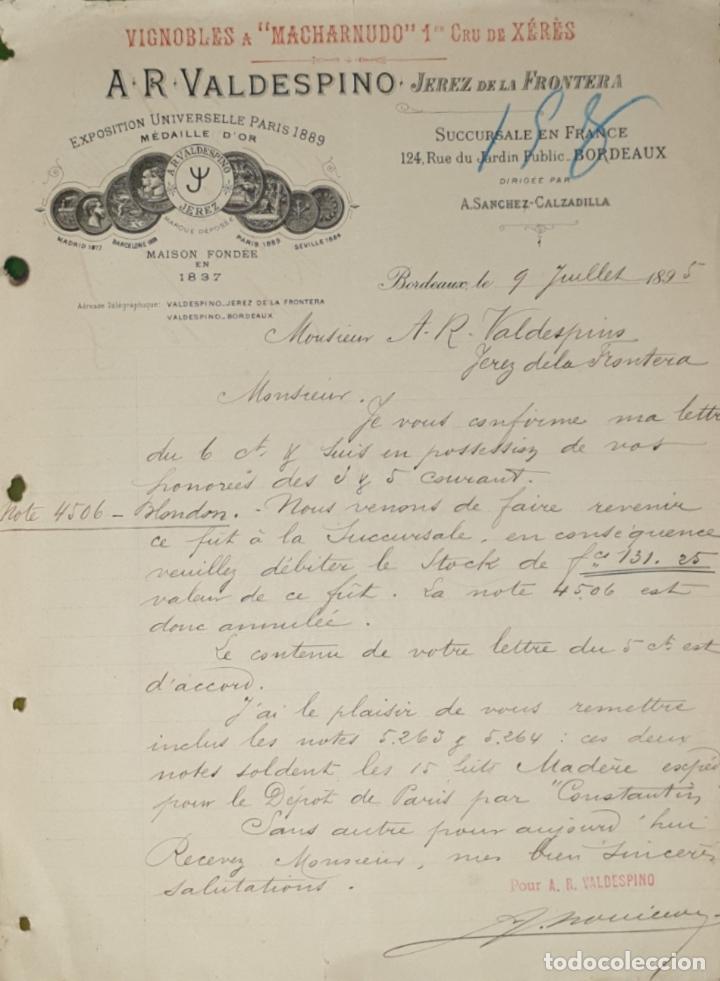 Commercial Letters: Carta comercial. A. R. Valdespino. Vignobles. Bordeaux. Francia 1895