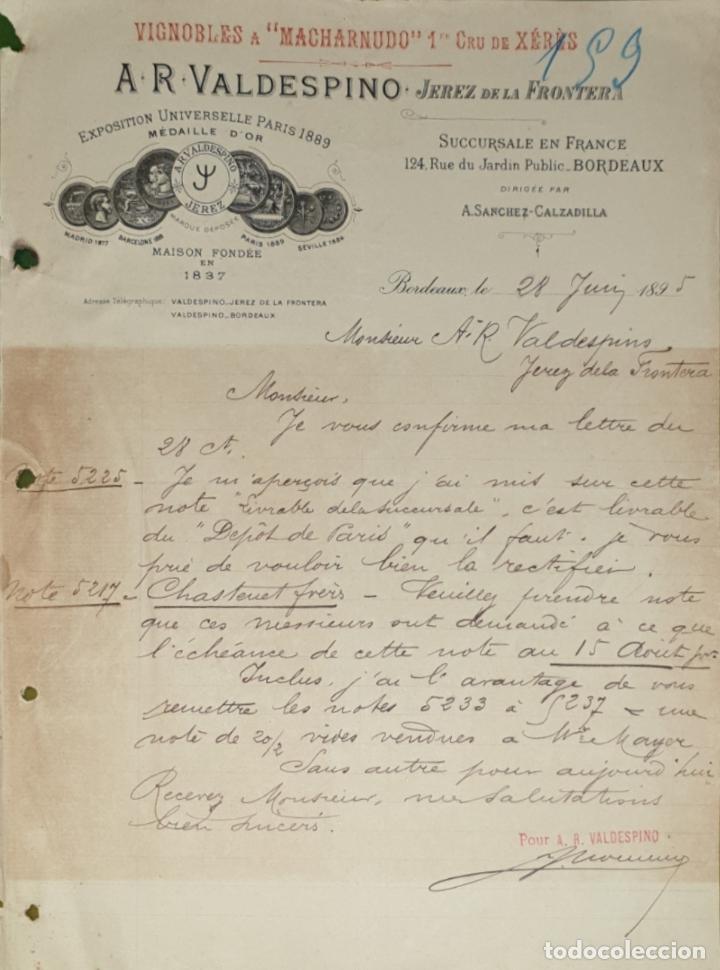 Commercial Letters: Carta comercial. A.R. Valdespino. Vignobles. Bordeaux. Francia 1895