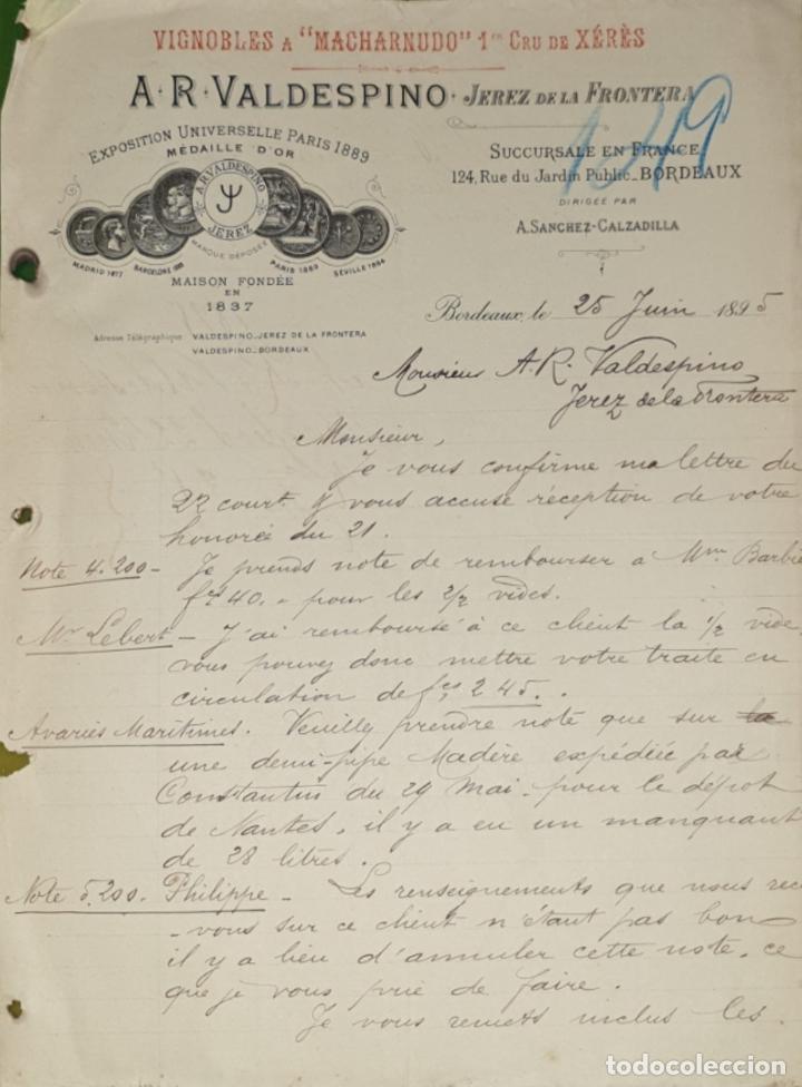 Commercial Letters: Carta comercial. A.R. Valdespino. Vignobles. Bordeaux. Francia 1895