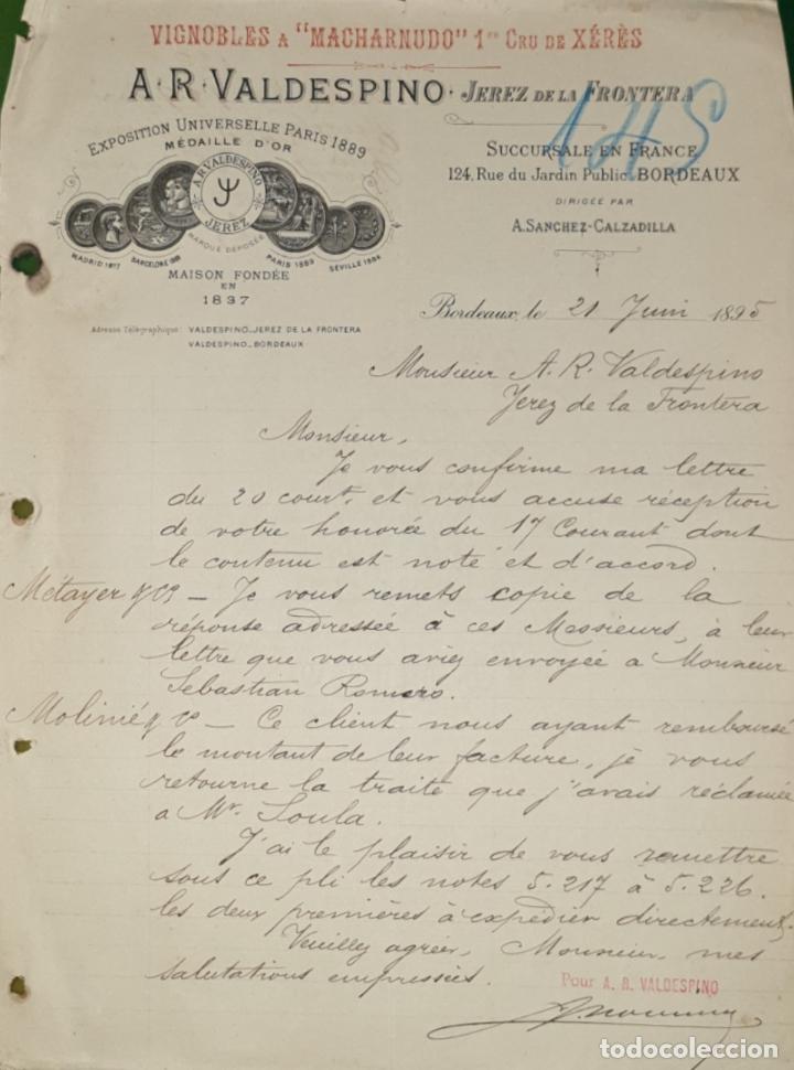 Commercial Letters: Carta comercial. A. R. Valdespino. Vignobles. Bordeaux. Francia 1895